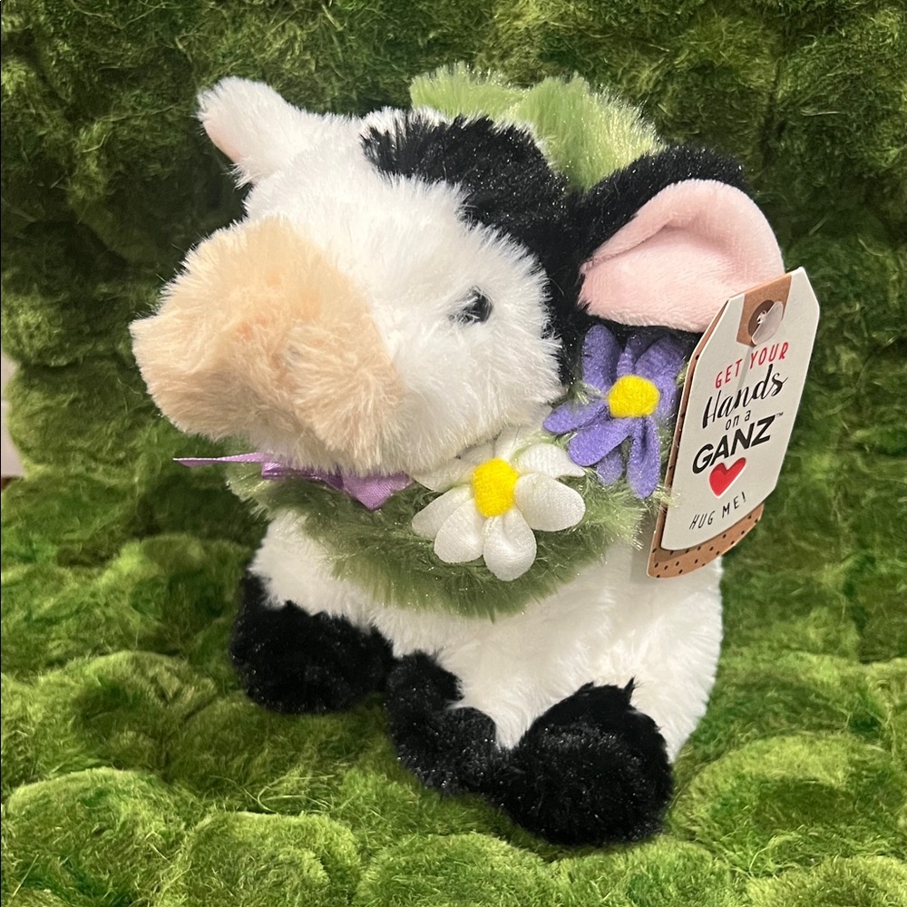 GANZ Black and White Cow Plush with Floral Collar